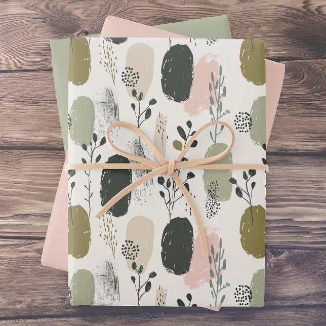 Sage Green Blush Whimsical Foliage Pattern Wrapping Paper Sheet (Creator Uploaded)