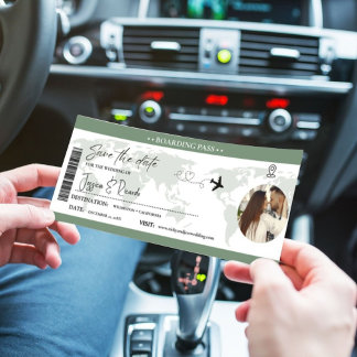 Sage Green Boarding pass Ticket Wedding Save The Date