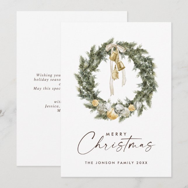 Sage Green Bohemian Christmas Wreath Greeting Holiday Card (Front/Back)