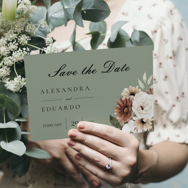 Sage Green Bohemian Floral Save the Date Announcement Postcard (Creator Uploaded)