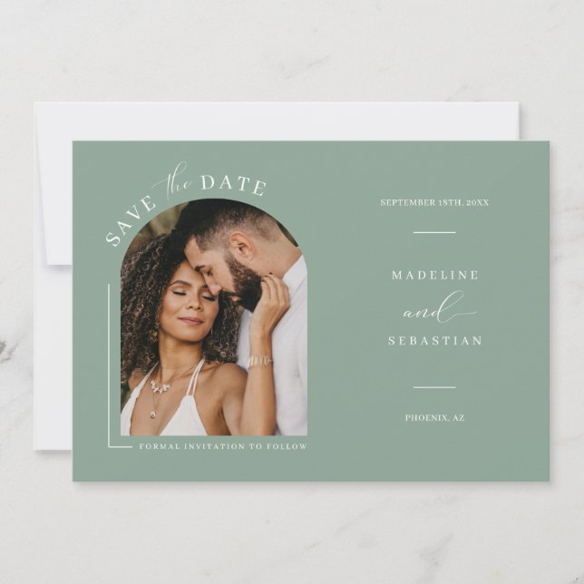 Sage Green Boho Arch Photo QR Code Save the Date   Invitation (Front)
