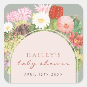 Sage Green Boho Bloom Cactus Baby Shower Square Sticker