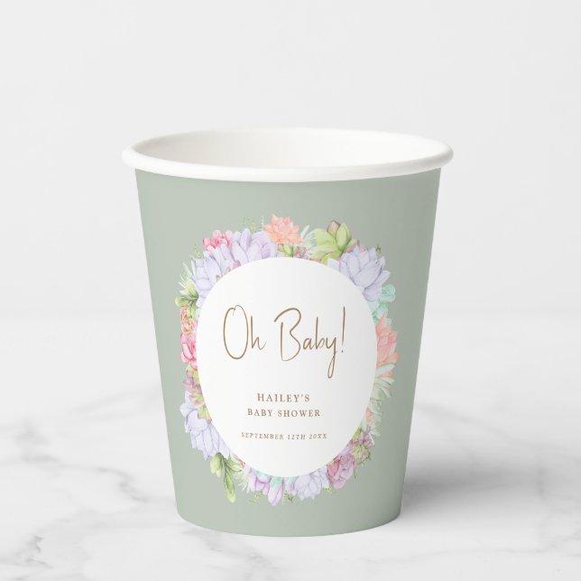 Sage Green Boho Cactus Desert Oh Baby Shower  Paper Cups (Front)