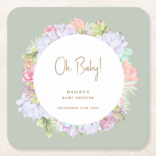 Sage Green Boho Cactus Desert Oh Baby Shower  Square Paper Coaster