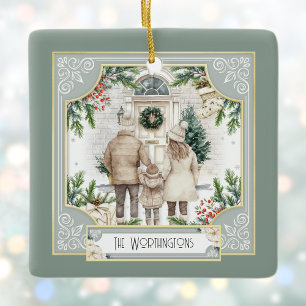 Sage Green Boho Chic Personalized Family Christmas Ceramic Ornament