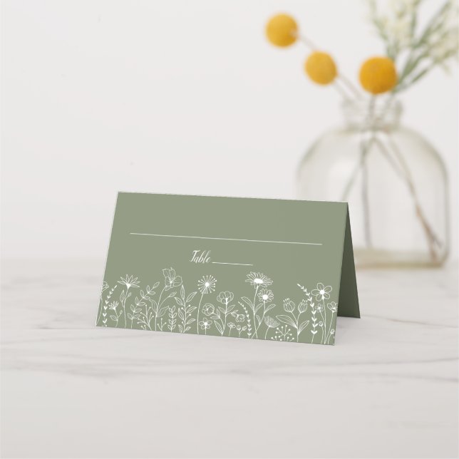 Sage Green Boho Chic Rustic Wildflower Floral Place Card (Front)