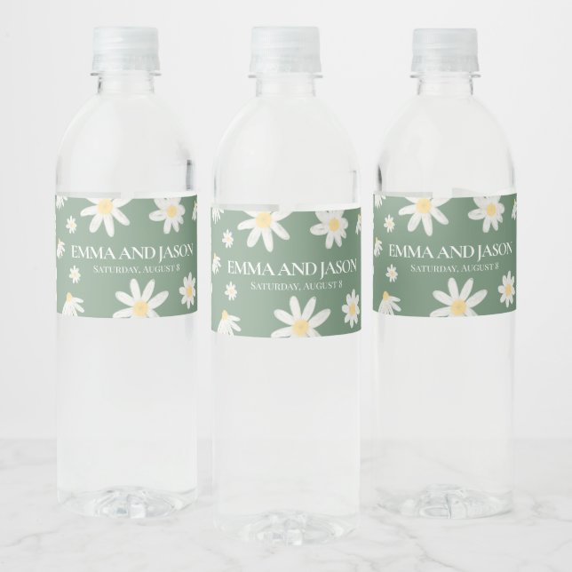 Sage Green Boho Daisy Floral Water Bottle Label (Bottles)