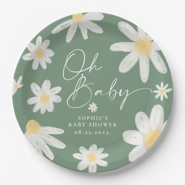Sage Green Boho Daisy Flower Paper Plates (Front)