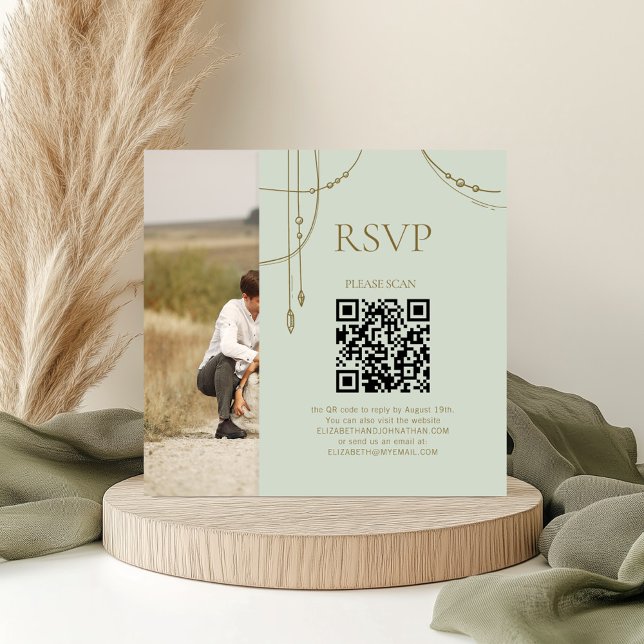 Sage Green Boho Draped Beaded Wedding QR Code RSVP Enclosure Card (Creator Uploaded)
