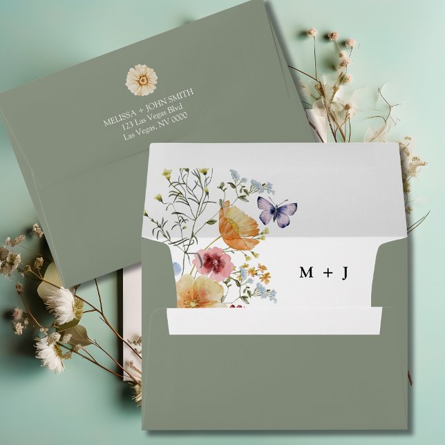 Sage Green Boho Elegant Wildflower Wedding Envelope (Creator Uploaded)