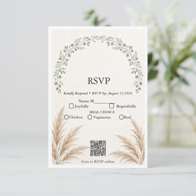 Sage Green Boho Eucalyptus Pampas Grass QR Code RS RSVP Card (Standing Front)