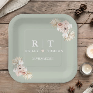 Sage Green Boho Floral Elegant Wedding Monogram Paper Plate