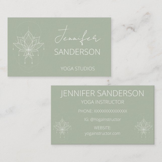 Sage Green Boho Floral Lotus Yoga Instructor Business Card (Front/Back)