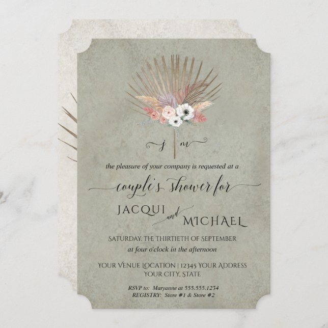 Sage Green BOHO Floral Pampas Couples Shower Invitation (Front/Back)