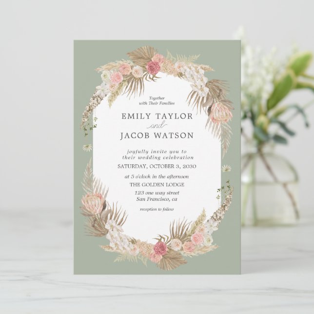 Sage Green Boho Floral Wedding invitation (Standing Front)