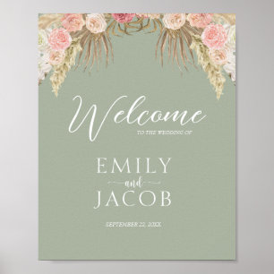 Sage Green Boho Floral Whimsical  Wedding Welcome Poster
