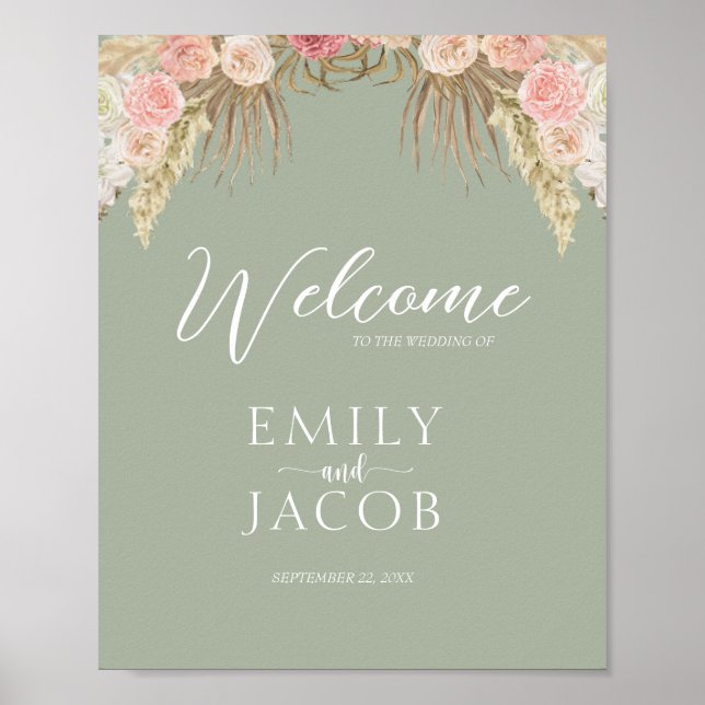 Sage Green Boho Floral Whimsical  Wedding Welcome Poster (Front)