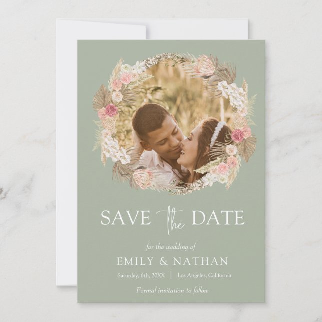 Sage green Boho Floral wreath Photo Save the date Invitation (Front)