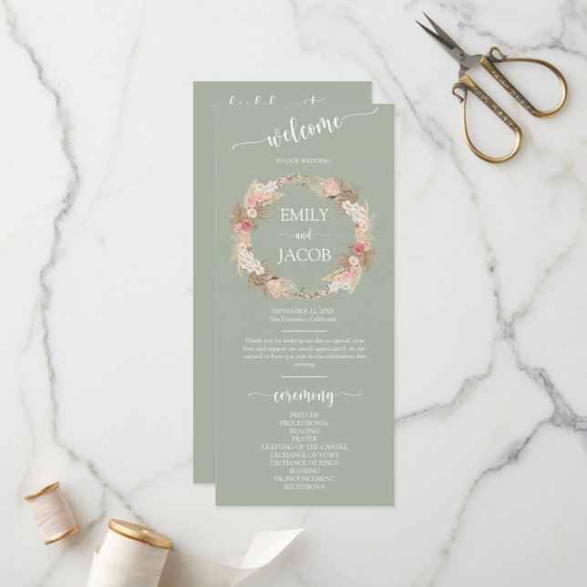 Sage Green Boho Floral Wreath Wedding Flat Program Programme (Front/Back In Situ)