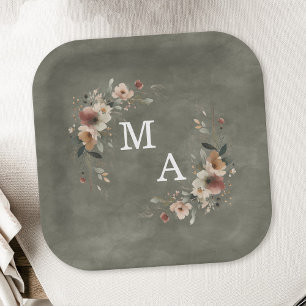 Sage Green Boho Floral Wreath Wedding Monogram Paper Plate