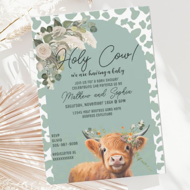 Sage Green Boho Holy Cow Baby Shower Invitation (Creator Uploaded)