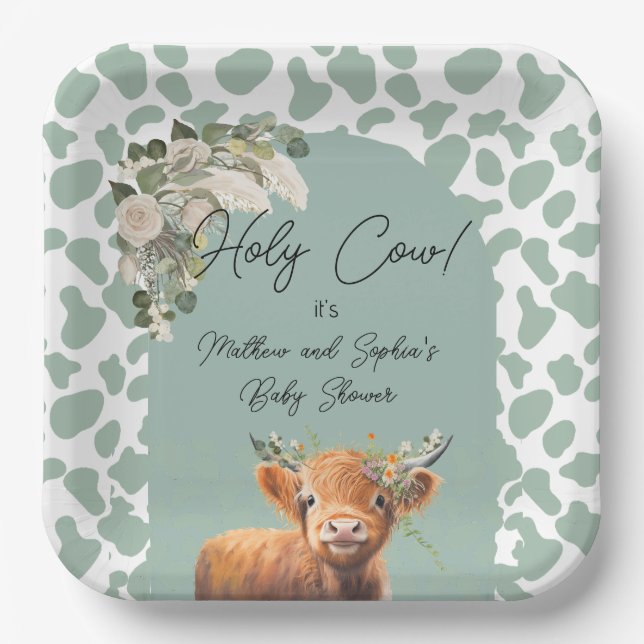 Sage Green Boho Holy Cow Farm Baby Shower  Paper Plate (Front)