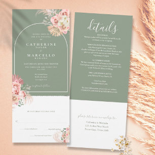 Sage Green Boho Pampas Grass All In One Wedding  Invitation