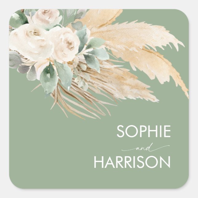 Sage Green Boho Pampas Grass Square Sticker (Front)