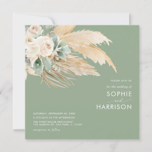 Sage Green Boho Pampas Grass Square Wedding Invitation