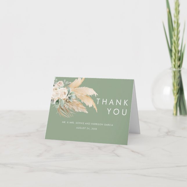Sage Green Boho Pampas Grass Thank You Card (Front)