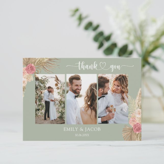 Sage green Boho Photo wedding thank you card (Standing Front)