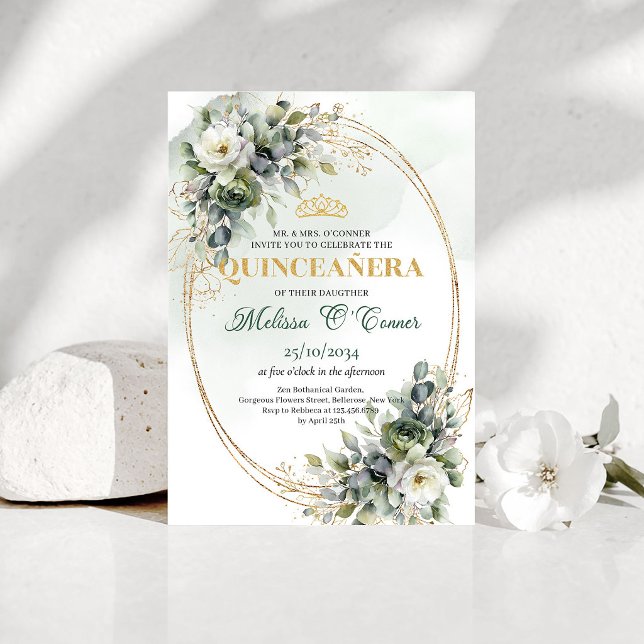Sage Green Boho Quinceañera Greenery Gold Invite (Sage Green Boho Quinceañera Greenery Gold Invitation)