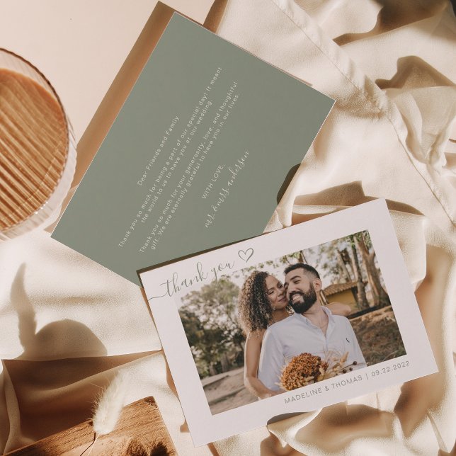 Sage Green Boho Simple Photo Heart Script Wedding Thank You Card (Creator Uploaded)