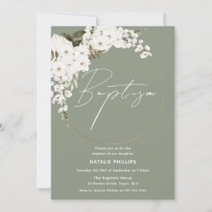 Sage Green Boho White Wreath Boy or Girl Baptism Invitation