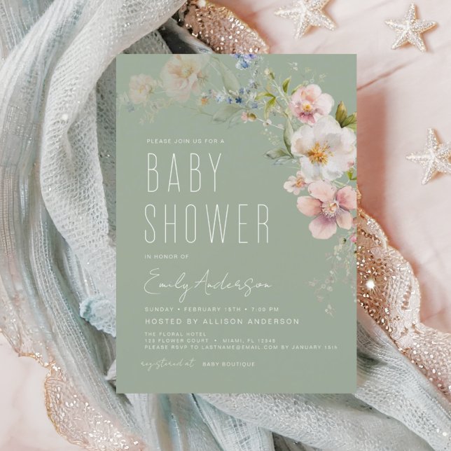 Sage Green Boho Wildflower Baby Shower Elegant Invitation (Creator Uploaded)