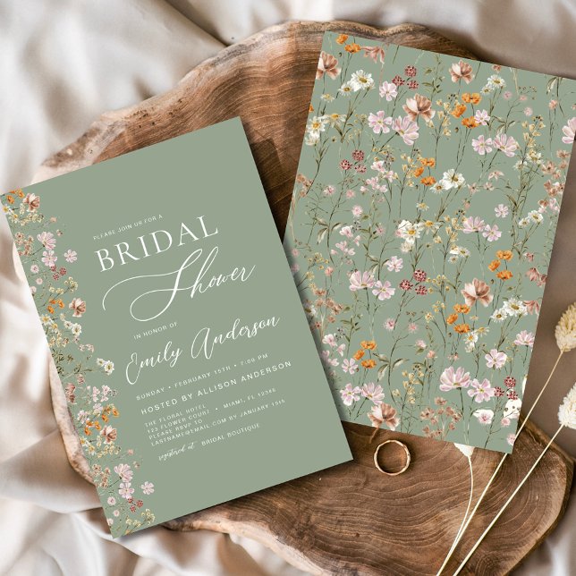 Sage Green Boho Wildflower Bridal Shower Elegant Invitation (Creator Uploaded)