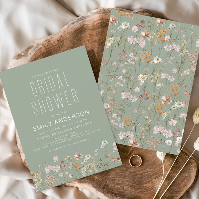 Sage Green Boho Wildflower Bridal Shower Elegant Invitation (Creator Uploaded)
