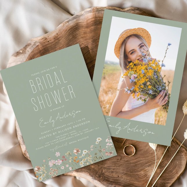 Sage Green Boho Wildflower Bridal Shower Photo Invitation (Creator Uploaded)