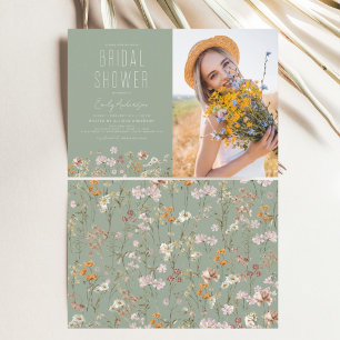 Sage Green Boho Wildflower Bridal Shower Photo Invitation