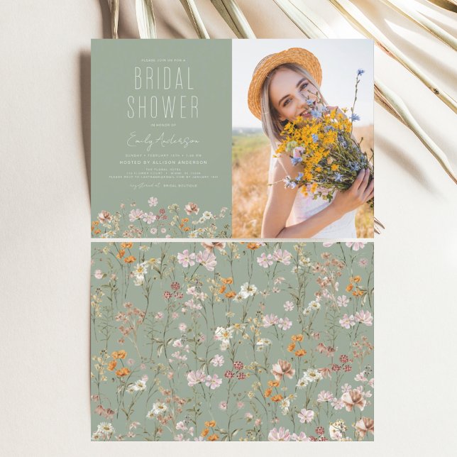 Sage Green Boho Wildflower Bridal Shower Photo Invitation (Creator Uploaded)