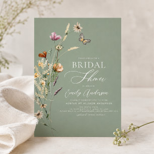 Sage Green Boho Wildflower Bridal Shower Script Invitation