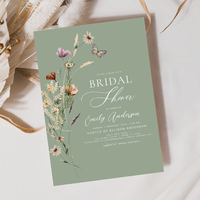 Sage Green Boho Wildflower Bridal Shower Script Invitation (Creator Uploaded)