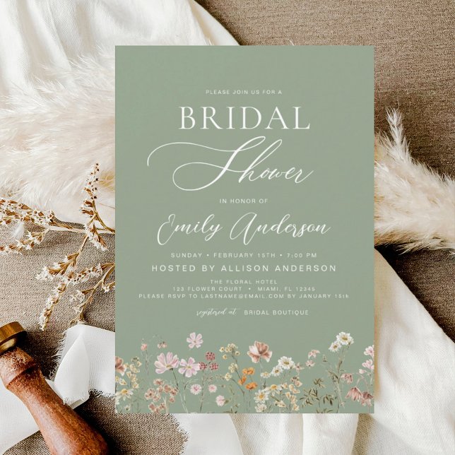 Sage Green Boho Wildflower Bridal Shower Script Invitation (Creator Uploaded)