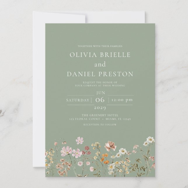 Sage Green Boho Wildflower Garden Wedding Invitation (Front)
