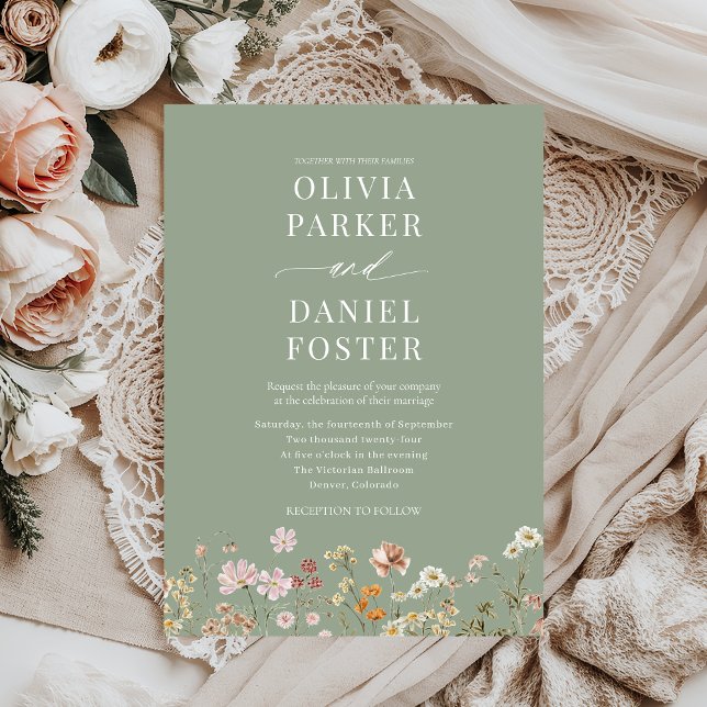 Sage Green Boho Wildflower Minimalist Wedding  Invitation (Creator Uploaded)