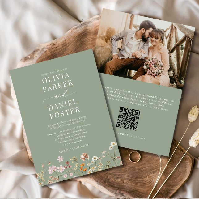 Sage Green Boho Wildflower QR Code Photo Wedding  Invitation (Creator Uploaded)