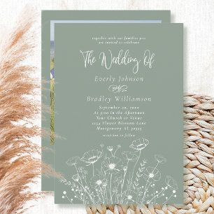 Sage Green Boho Wildflower QR Code Photo Wedding  Invitation