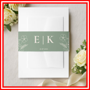 Sage Green Boho Wildflowers Monogram Wedding Invitation Belly Band