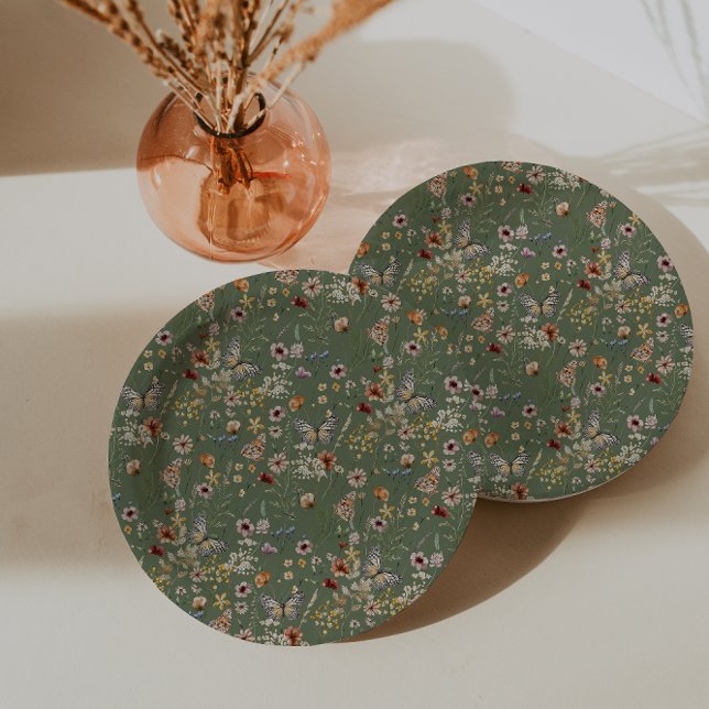 Sage Green Boho Wildflowers Paper Plate (Sage Green Boho Wildflowers Paper Plates with Butterflies by Painted Paperie
)