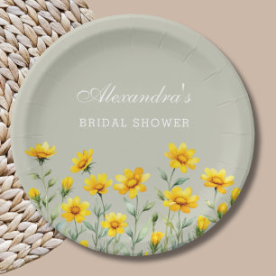 Sage Green Boho Yellow Wildflower Bridal Shower Paper Plate